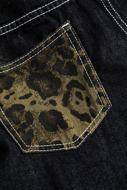 Leopar Desenli Denim Patchwork Düz Paça Kot