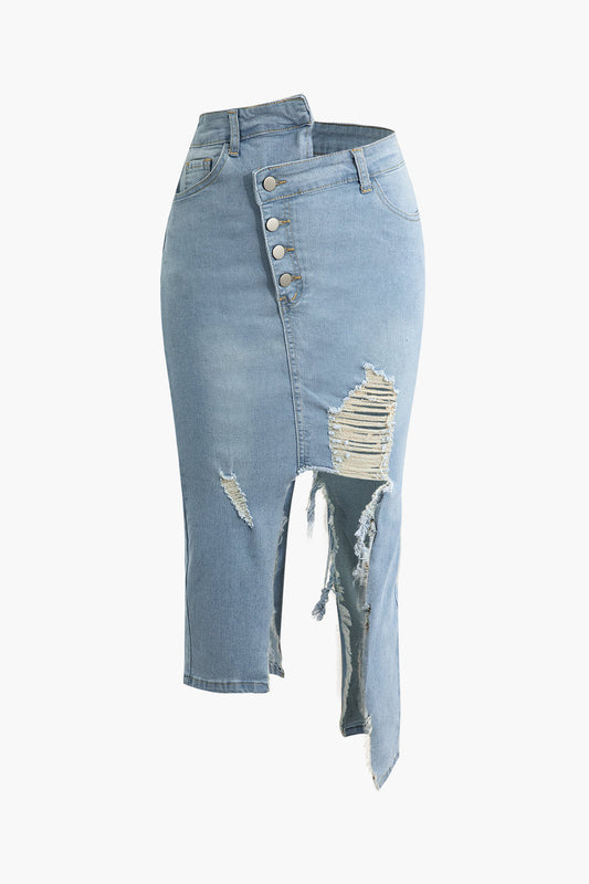 Asimetrik Yırtık Denim Midi Etek