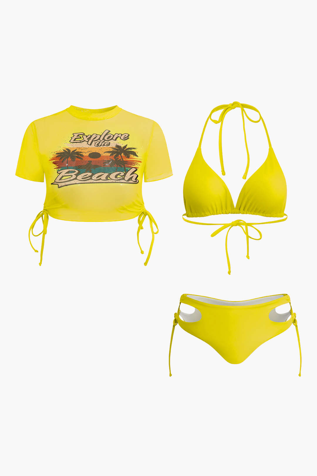 Desenli Tişört Ve Kravatlı Halter Bikini Takımı