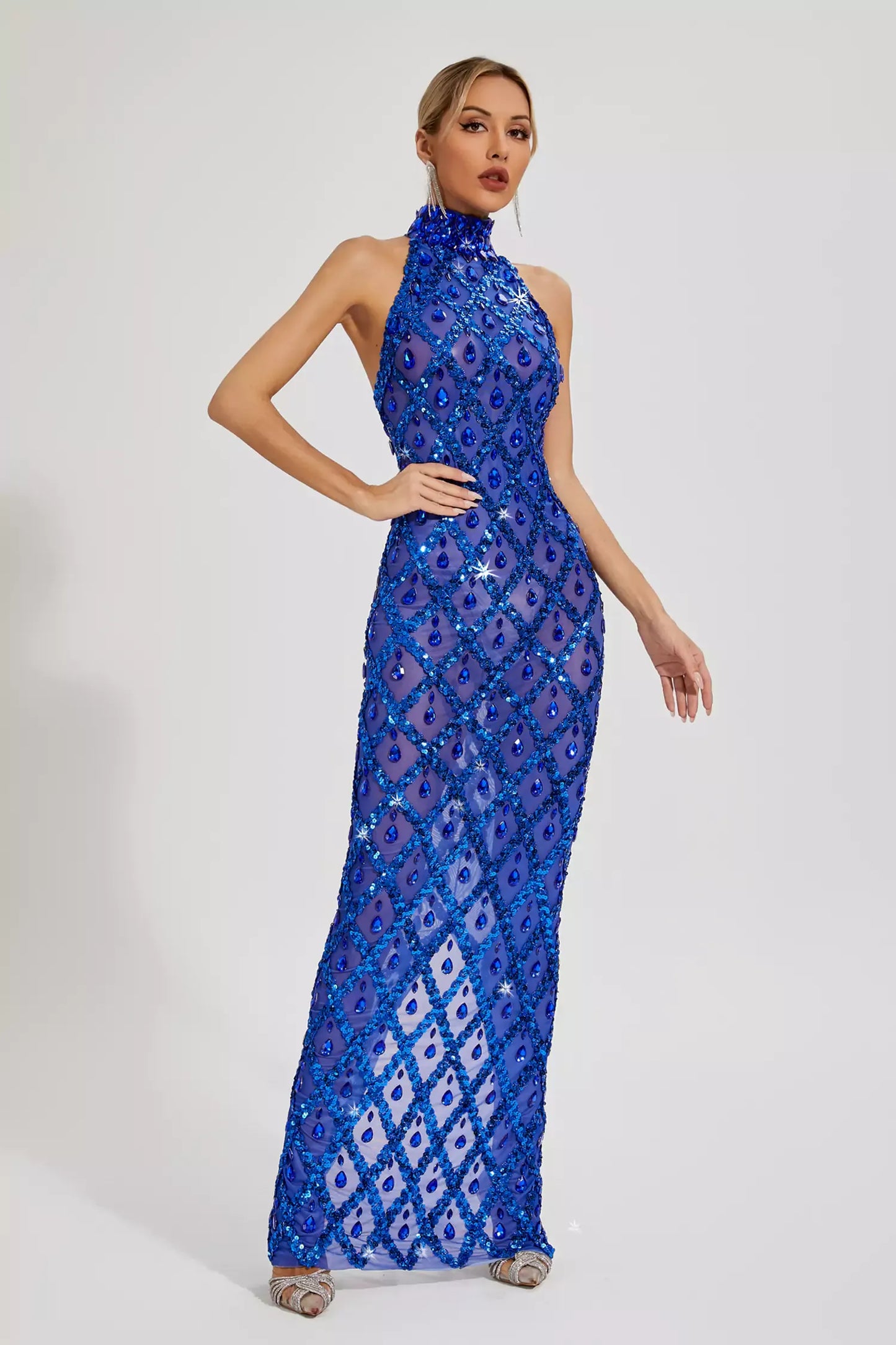 Louise Blue Diamond Maxi Elbise(Astarsız)