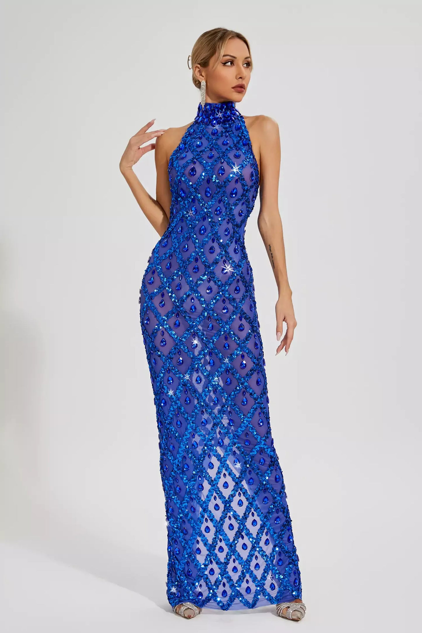 Louise Blue Diamond Maxi Elbise(Astarsız)