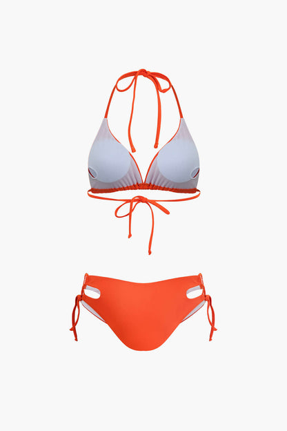 Desenli Tişört Ve Kravatlı Halter Bikini Takımı